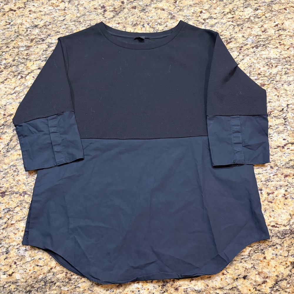 COS Black Mixed Media Knit Poplin Hem Top Womens XS 3/4 Sleeve Minimalist ws